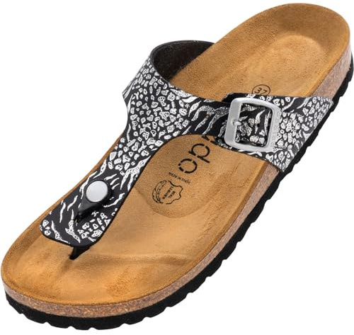 Palado Zehentrenner Damen Kos Prints – gefertigt in Spanien – Veloursleder-Decksohle – modische Prints – weich gepolstertes Fußbett Orna Schwarz UK8 - EU41