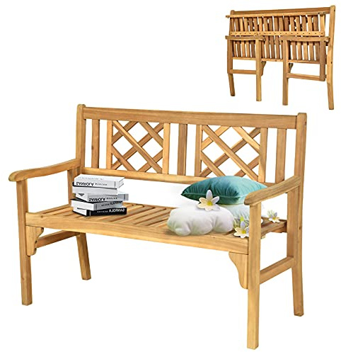 RELAX4LIFE Panchina Pieghevole da Giardino, Panchina a 2 Posti in Legno Massello, Panca Decorativa con Sedile Ampio e Schienale Comodo, Panca Elegante per Terrazzo e Cortile, 120,5x57 x x 90 cm