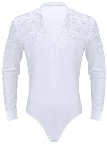 Jowowha Herren Body Overall V-Ausschnitt Hemdbody Glitzer Gymnastik Leotard Tops Für Latein Tango Rumba Chacha Eiskunstlauf Anzug Tanzkleidung Weiß XL
