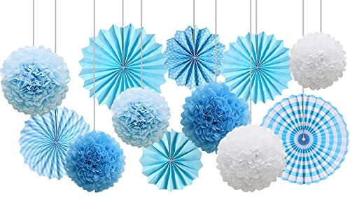 CC wonderland zone 12 Stück Blau Seidenpapier Pompons und Hängende Papierfächer Set,Papier Seidenpompons und Papier Fächer für Party Deko