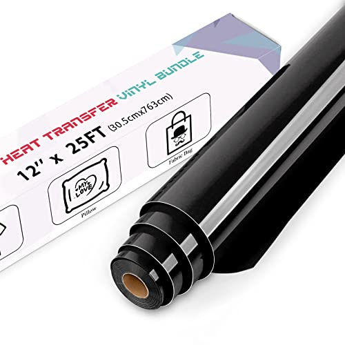 IModeur 25 Ft Black Heat Transfer Vinyl — 30.5 x 763 cm Iron on Vinyl for Fabric, PET Backing HTV Roll for T-Shirts, Clothes, Hats, Bags and Other Textiles, Easy to Weed