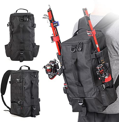 soonbuy Mochila de Pesca, 2 Soportes para caña de Pescar, Mochila sin 4 Cajas de Aparejos, Bolsa de Equipo de Pesca Grande de 17.4 L para Pesca de Trucha, al Aire Libre, Camping, Senderismo, Negro