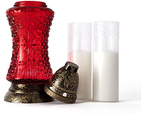 Starburst Memorial Candle by Taultic Lights, Red Glass Lantern Eternal Candle Holder for Loss of Loved One, Heat-Resistant Plastic Top and Base, Remembrance Decorations for Grave, Indoor & Outdoor Use