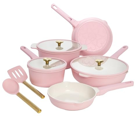 Paris Hilton Ceramic Nonstick Cookware Set, Cast Aluminum with Dual Layer Nonstick Coating, Gold Heart Knobs, Stay-Cool Handles, Made Without PFAS, PFOA, PFOS & PTFE, Dishwasher Safe, 10-Piece, Pink