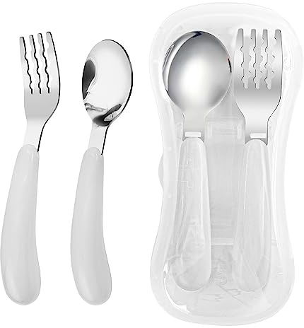 VANRA 2 Stück Kleinkind Gabel und Löffel Set mit Reiseetui 18/8 Edelstahl Kleinkind Utensilien Kinder Besteck Kinder Besteck Kind Besteck Set für Schule Lunchbox (Weiß)