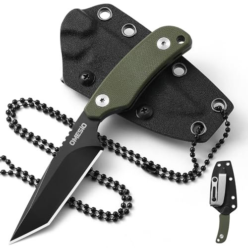 Omesio Couteau de cou Couteau de chasse fixe EDC avec étui Kydex, petit couteau d'extérieur en acier D2, manche G10 robuste