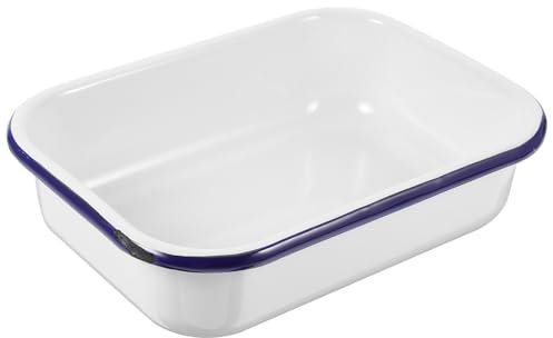 Cabilock Enamel Pie Dish, Rectangular White Enamel Roasting Tin with Blue Rim, Pudding Cookie Baking Plate Steak Serving Tray for Home Kitchen Oven Stove, 15x22cm