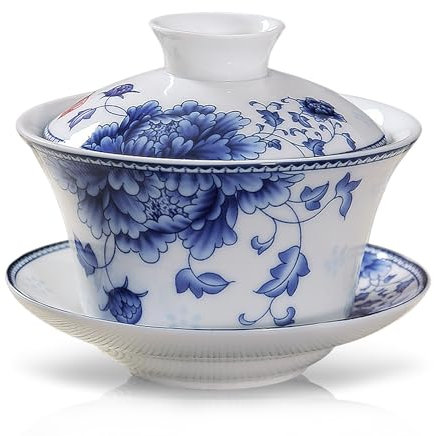 fanquare Gaiwan Bleu et Blanc Bol à Thé Sancai Traditionnel Chinois en Porcelaine de Fleurs de Pivoine avec Couvercle Set de Couvertures pour Tasses à Thé et Soucoupes 220ML