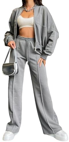 amropi Tuta da Donna Giacca con Cerniera e Pantaloni Jogging Tute 2 Pezzi Sportivo Completo Grigio Chiaro, S