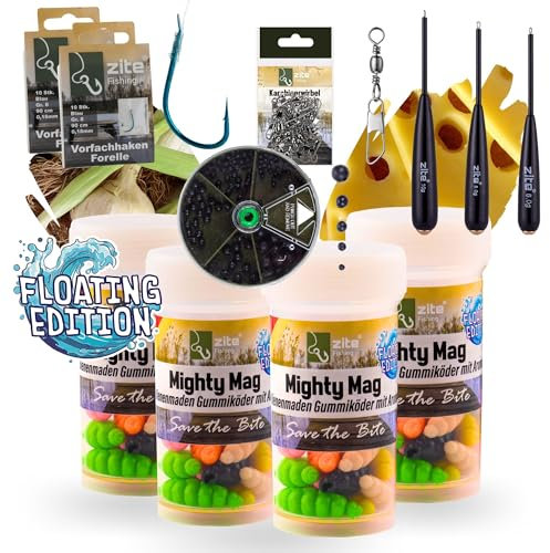 Zite Fishing Mighty Mag Floating Starter-Edition | Zubehör fürs Passiv-Angeln | 48 Stück Bienenmaden-Imitate | Knoblauch & Käse Flavour | Aufsteigender Forellenköder | Made in Germany