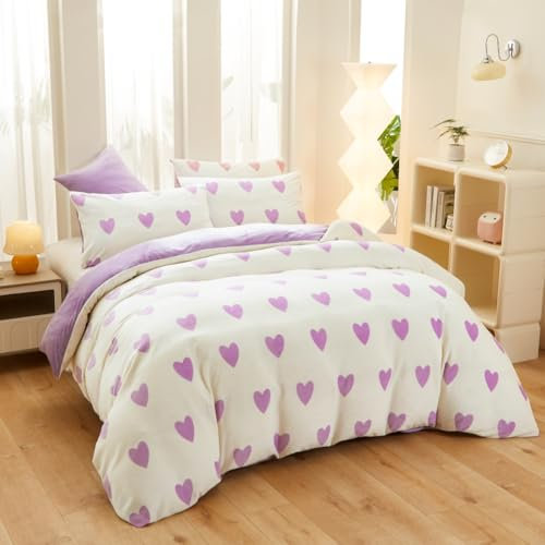 Covebett - Set di biancheria da letto invernale in flanella, 200x200, con cuori, colore lilla e bianco, calda, in soffice plüsch di biber, reversibile, 3 pezzi, con copripiumino e 2 federe da 80x80