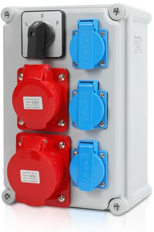 Gimisgu Distributore di corrente da parete CEE 1 x 32 A 5P, 1 x 16 A 5P, 3 x 230 V, prese Schuko IP44, impermeabile, con interruttore L-0-P, distributore di corrente precablato