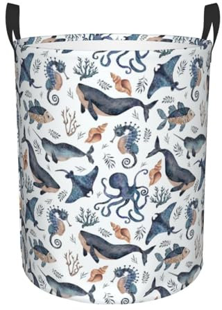 Cesto De Ropa Animales Submarinos Imprimir Cestas Ropa Sucia Redondo Cesta De Almacenamiento Portátil Cesto Para Ropa Sucia Para Dormitorio Baño 40X50Cm