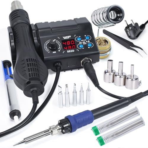 WEP 882D Estación de soldadura de aire caliente SMD 2-en-1 con 2 carrede de alambre de soldadura, 3 toberas de aire caliente, limpide lana de lat, pinzas, bomba Desoldering (EU Plug)