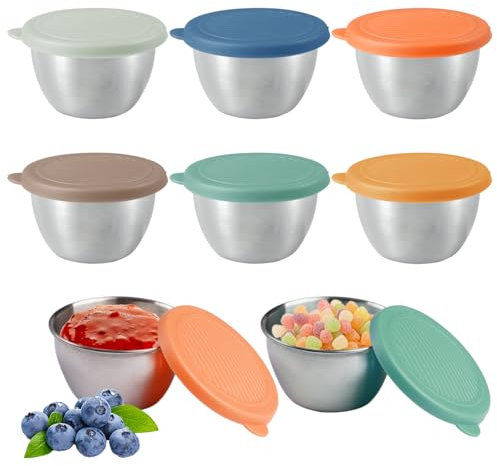 6 Piezas Recipientes para Salsas 80ml Herméticos Reutilizables y Lavavajillas Ligero Pequeñas Tarros de Acero Inoxidable con Tapas de Silicona Coloridas Ideales para Salsas, Dips y Condimentos