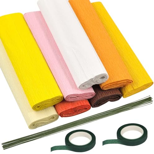 Swpeet 30pcs 8Colors 9,8 x 98 tums crepe pappersark rullar med blomstrande stamtråd och blomstrande tejp sortiment kit, 8,2 fots crepe pappersrullar blomma arrangemang kit