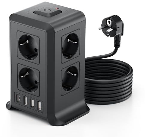 Tour multiprises, multiprise USB, 8 prises CA et 4 prises USB, protection contre la surprise, 2 m avec interrupteur pour table, bureau, maison, noir