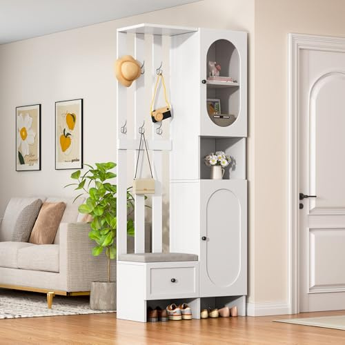 Rosebibi 85x33,5x200cm Guardaroba Compatto, Set di 2 Armadi, Armadio di Vetro Temperato per la Casa, Set di Guardaroba con Ingresso Bianco, Guardaroba con Scarpiera e Cuscini