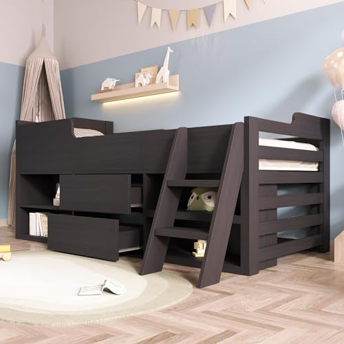 Aptliton Cabin Bed Frame 3ft Single, Mid Sleeper Kids Bed with Storage Drawers & Shelves, Low Sleeper Children's Wooden Bed in Black - 90 x 190 cm (Frame Only)