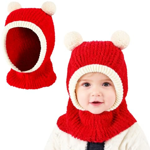 TAGVO Baby barn mössa vintermössa stickad mössa, mjuk stretchig varm mössa med halsvärmare, söt slouch björnöron balaclava stil för pojkar och flickor 1–5 år, Röd röd, one size