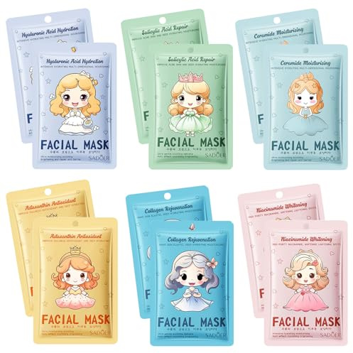 12 Pièces Masque Visage Enfant, Masque Hydratant Visage, Masque Visage Femme, pour le Visage Convient Filles et Femmes