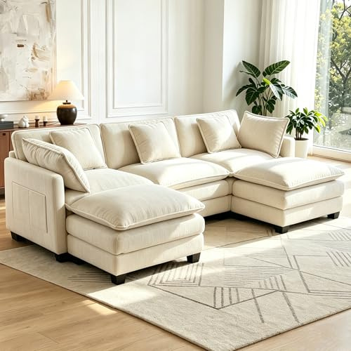 GRAVFORCE 239cm Ecksofa mit Schlaffunktion U Form 3 Sitzer Sofa mit 2 beweglichen Hockern Cloud Couch Big Sofa Modulares Sofa mit tiefer Sitz für Wohnzimmer Wohnung Büro Chenille Beige