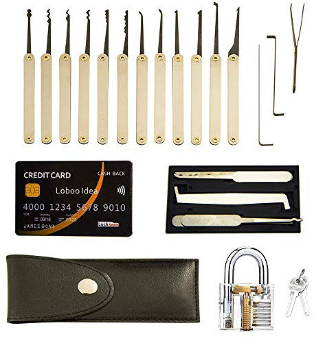 Loboo Idea Kit de crochetage de serrure, 20 pièces, kit d'outils de crochetage de serrure avec cadenas d'entraînement transparent, guide professionnel et outil d'extraction pour débutants