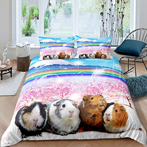 Guinea Pig Bedding Set for Girls Boys Children Cute Cavy Lovely Pet Comforter Cover Rainbow Mountain Landscape Duvet Cover Room Decor Cherry Tree Bedspread Cover Double Size Bedding Collection 3Pcs