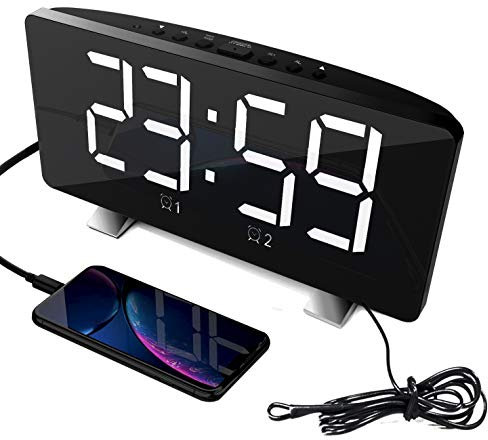 ThreeH Radiowecker für Schlafzimmer mit Zwei USB-Ladeanschlüssen 4 Dimmmodus 7,3'' LED-Bildschirm 12/24-Stunden-Modus Schlummerfunktion Weiß