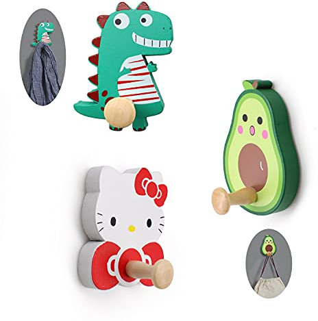 WJUAN 3 Stück Haken Selbstklebend, Holz Haken, Dinosaurier Kleiderhaken- Passionsfrucht Wandhaken- Katze Handtuchhaken, Handtuchhaken Selbstklebend Schnell Montiert