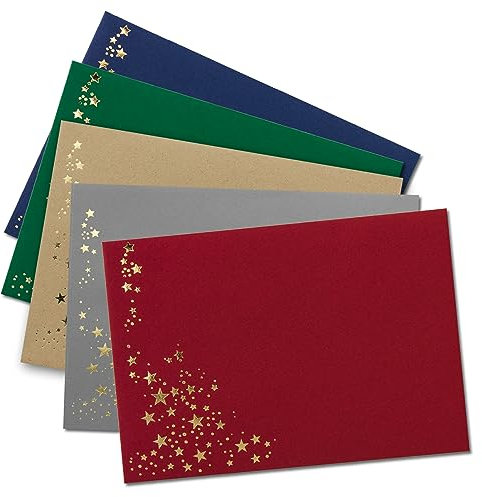 50x Weihnachts-Briefumschläge - DIN C6 - mit Gold-Metallic geprägtem Sternenregen - Farbenmix 1 - je Farbe 10 Stück - Nassklebung - 114 x 162 mm