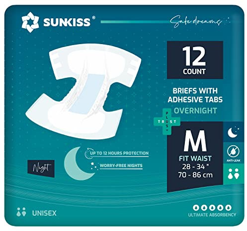SUNKISS TrustPlus Inkontinenz Windeln für Erwachsene über Nacht, Saugfähige Einweg-Unterwäsche für Männer und Frauen mit Tabs, Unisex, Größe M, 12 Stück