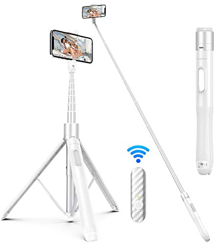 ATUMTEK 165cm Perche Selfie, Perche à Selfie avec Télécommande Bluetooth Amovible, Trepied Smartphone Extensible pour iPhone et Android, Enregistrement Vidéo, Blogage, Streaming en Direct, Blanc