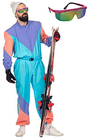 MIMIKRY 80er Jahre Retro Ski-Anzug Herren-Kostüm inkl. Brille Overall Einteiler Trash Bad Taste Apres Ski, Größe:48