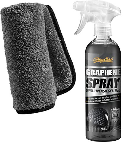 ShinyChiefs GRAPHENE SPRAY SET - Autolack Sprühversiegelung mit Graphene Harzen - Langanhaltender Schutz von Wachs und Versiegelung - hydrophober Schutz mit Hochglanz-Effekt, 500ml & Microfasertuch