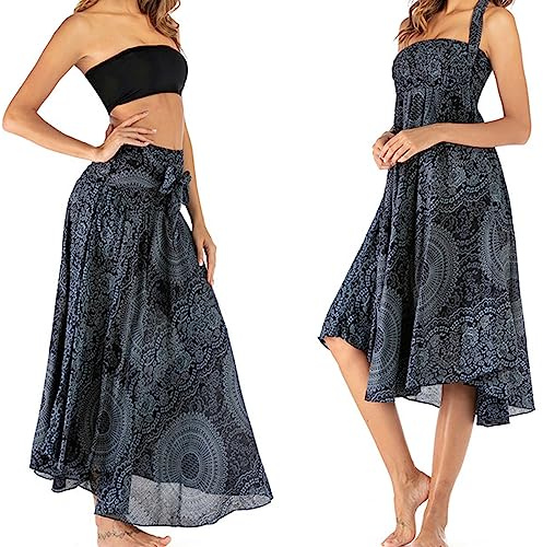 cailiya 1Pcs Retro Maxi Gonna Lunga,Sciolto Gonna fluente Festa in Spiaggia,Boemia Capestro Abito Spiaggia 2 in 1 Gonne da Mare Grande Danza del Ventre Casual (Nero)