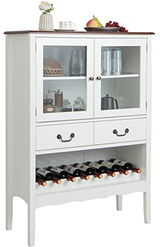 KOMFOTTEU Armario para Vino, Aparador con Puertas de Cristal, 2 Cajones, y Portavasos, Armario Buffet con Dispositivo Antivuelco, para Cocina, Comedor, Bar, 90 x 40 x 126,5 cm