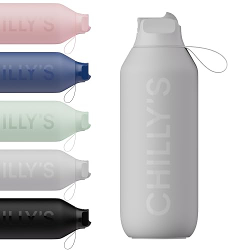 Chilly's Series 2 Flip Water Bottle with Sports Lid - Vacuum Insulated Stainless Steel Water Bottle with Straw, Carry Loop, & Cleaning Brush - No Sweat - 500ml - Granite Grey