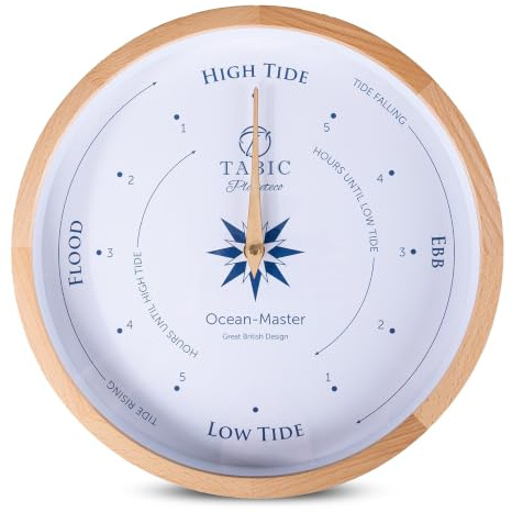 Tabic Planeteco Ocean Master Tide Clock, Nautical Tide Clock, Natural Stain | Handmade Beech Frame Tidal Wall Clock with High & Low Tide Display, Tempered Glass, Analogue Coastal Design