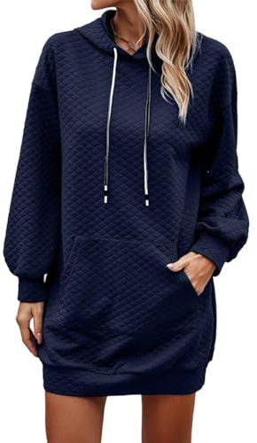 ORANDESIGNE Robe Casual Femme Chic Hiver Elegante Pull Sweat a Capuche Ample en Maille Mini Robe Tricot Courte Pullover Hoodie Manche Longue Robe en Sweatshirt Bleu Marine S