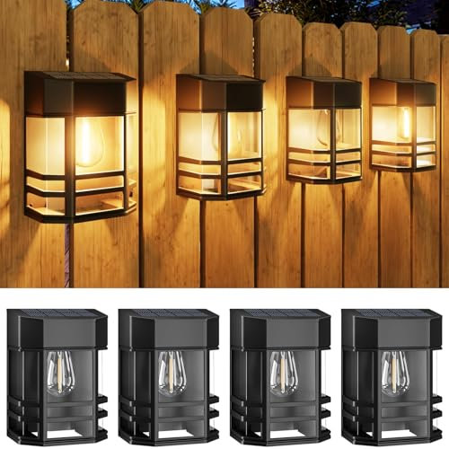 Woolmug 4 Pack Solar Fence Lights Outdoor Garden, Waterproof Retro LED Wall Lights, Auto On/Off Solar Lights Outdoor Garden Fence Lighting for Patio Decking Gate Yard Decoration, Warm White