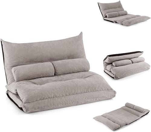 GOPLUS Bodensofa mit Schlaffunktion, 3 in 1 Schlafsofa mit verstellbare Rückenlehne, Kissen & Schaumstoff, belastbar 150kg, Schlafsessel Klappsofa für Wohnzimmer & Schlafzimmer (Grau)