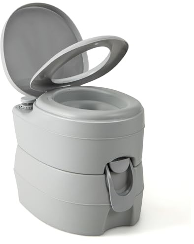 GOPLUS Toilettes Sèche Portable, Réservoir Eau 12L, Eaux Usées 20L, Pompe de Chasse d'eau, Supporte 150kg, Compacte à Double Sortie pour Camping, Pêche, Bateau,45 x 40 x 42 CM (Gris Clair)
