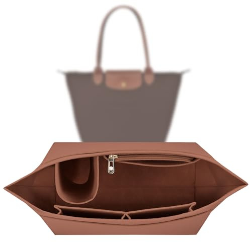 Sunshine smile Organisateur pour Longchamp Pliage L, Multi-Pocket Felt Handbag Organizer, Marron