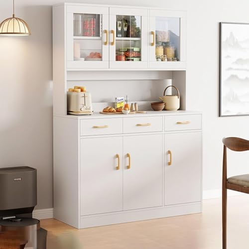 EUNEWR Küchenschrank, 170cm Vorratsschrank Küche, Buffetschrank aus Holz, Sideboard, Küchenschrank mit Glastür und DREI Schubladen, Vitrinenschrank Weiss, Multifunktionaler Stauraum, Weiß