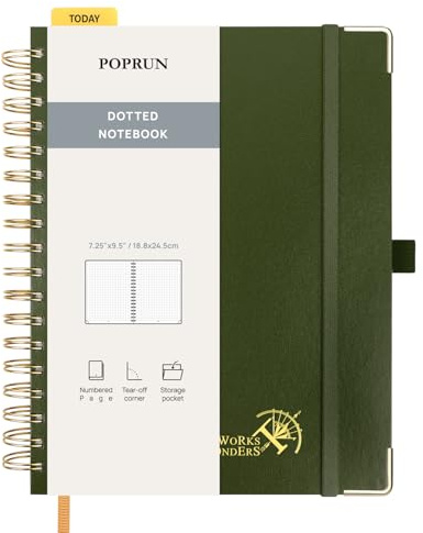 POPRUN Spiral Bullet Dotted Journal Notebook, [B5 Size] - 120 Gsm Thick Paper, 220 Numbered Pages, Wirebound Notepad for Men & Women with Pocket, Index Tabs, 8 Perforated Sheets, Olive