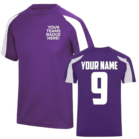 Mens Custom Football Shirt Activewear Sunday League Pub Team Kit 5 7 11 a Side Club Shirts Personalised Name and Number, M, Purple/Arctic White