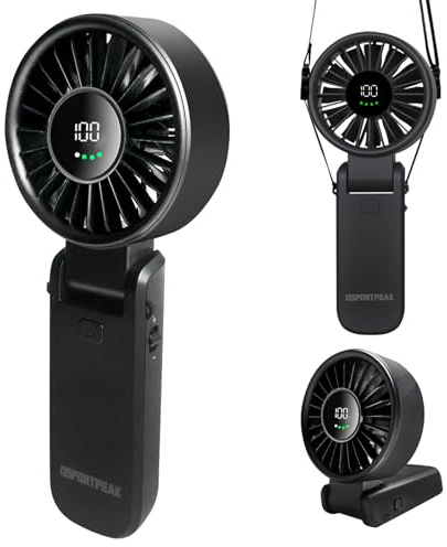 QSPORTPEAK Ventilatore portatile, potente ventilatore portatile con display LED, 5 Velocità, massimo 12 ore, 4000 mAh, 3 in 1 mano/scrivania/collo ventilatore, Viaggi/Campeggio/All'aperto-Nero