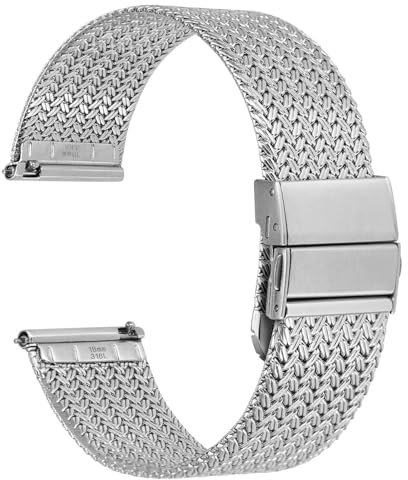 WOCCI 20mm Elite Uhrenarmband aus Metall für Damen und Herren, Gewebtes Mesh Armband, 316L Edelstahl, Schnellverschluss, Verbesserte Faltschließe (Silber)