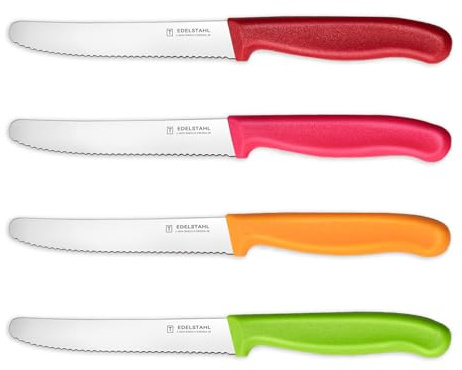 targzier Tomato Knives,Set of 4,Stainless Steel Utility Knifes,Serrated Kitchen Knife,Multicolor Fruit Knives,Tomato Knife&Small Bread Knife,Robust Plastic Handle,Red&Pink&Orange&Green